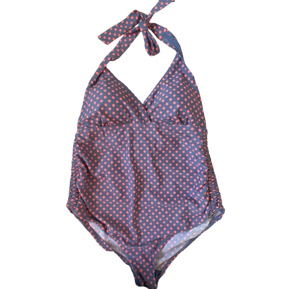 Beach Bump Maternity Grey/Coral Polka Dot Padded Bra High Rise Beach Swimsuit-Lg - Picture 1 of 15